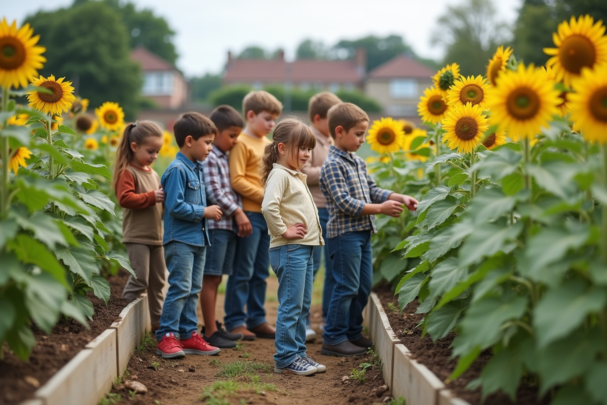 Enfants dans un jardin communautaire mesurant des tournesols