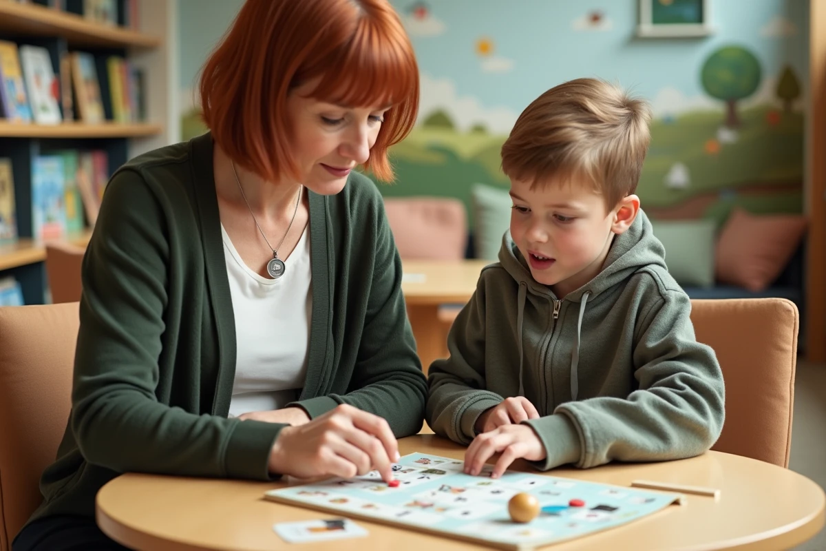 Enseignante guidant un jeune élève dans une activité pédagogique ludique dans une bibliothèque pour enfants