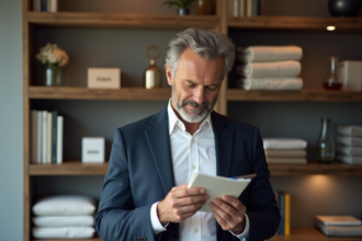Homme d'affaires en costume navy examine des produits français