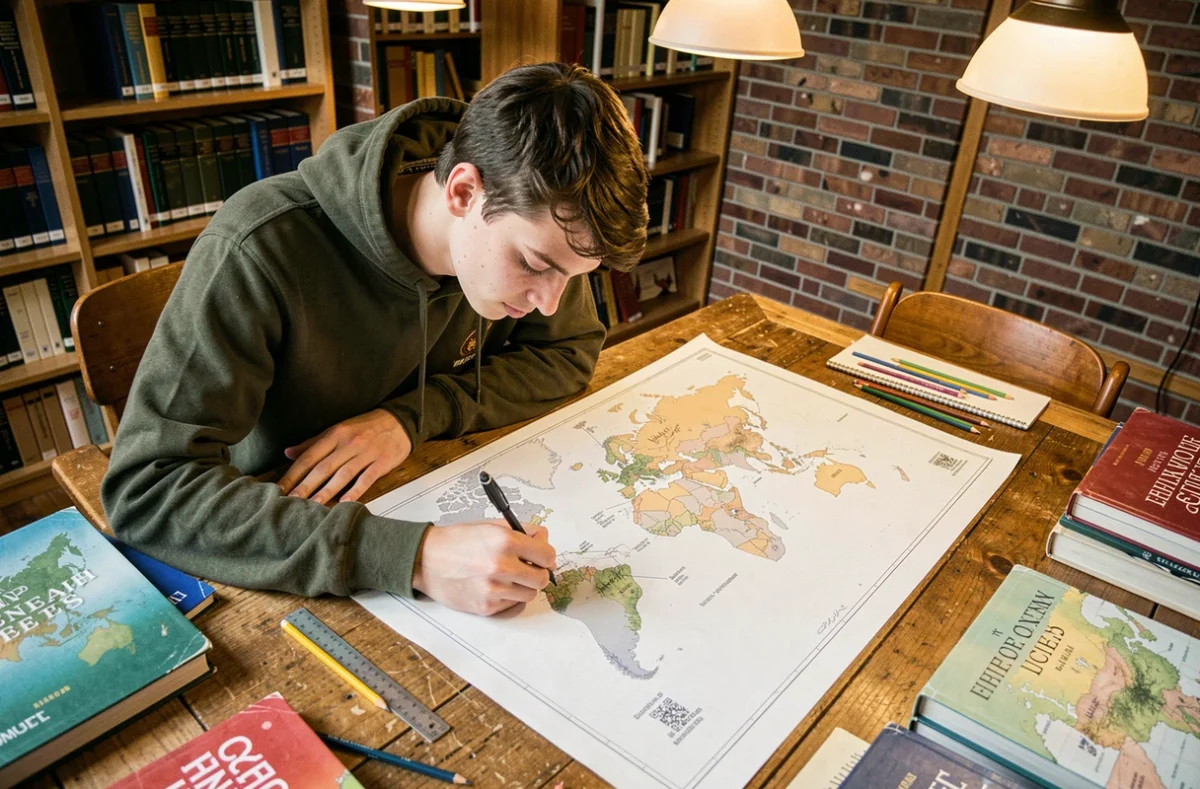 Étudiant annotant une carte du monde vierge avec des crayons de couleur et un stylo dans une bibliothèque universitaire