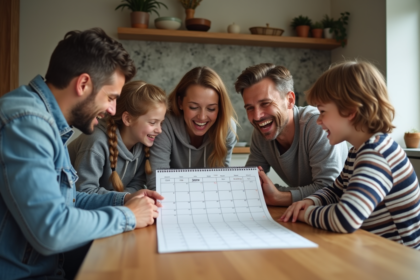 Famille de quatre autour d'un calendrier dans la cuisine moderne