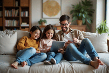 Famille moderne assise sur un canapé dans un salon chaleureux
