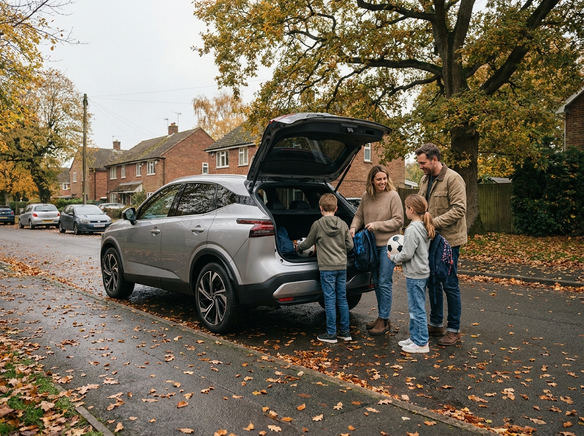 Famille chargeant ses affaires dans un Nissan Qashqai 2026 argent dans une rue résidentielle en automne