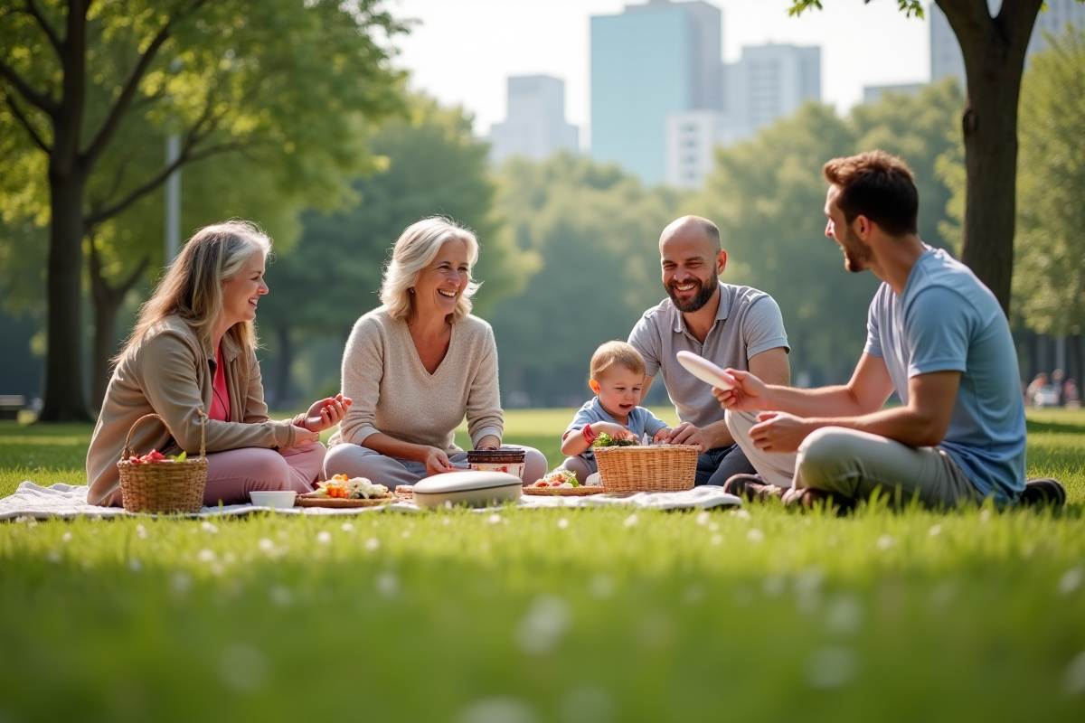 Famille multigenerational partageant un pique-nique dans un parc