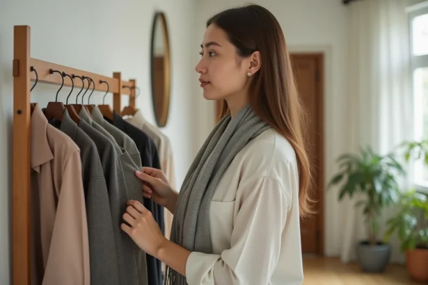 Jeune femme compare un foulard en soie et une chemise coton