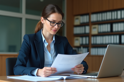 Femme d affaires en bureau examinant un dossier