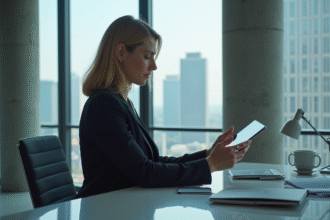 Femme d'affaires regardant une tablette dans un bureau moderne