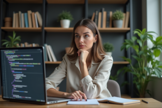 Femme d'âge moyen au bureau regardant un code informatique