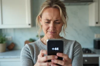 Femme tenant un smartphone affichant un indicatif international 44 avec une expression agacée dans une cuisine moderne