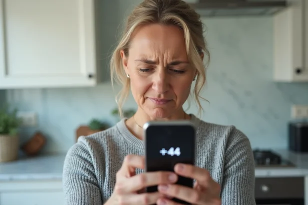 Femme tenant un smartphone affichant un indicatif international 44 avec une expression agacée dans une cuisine moderne
