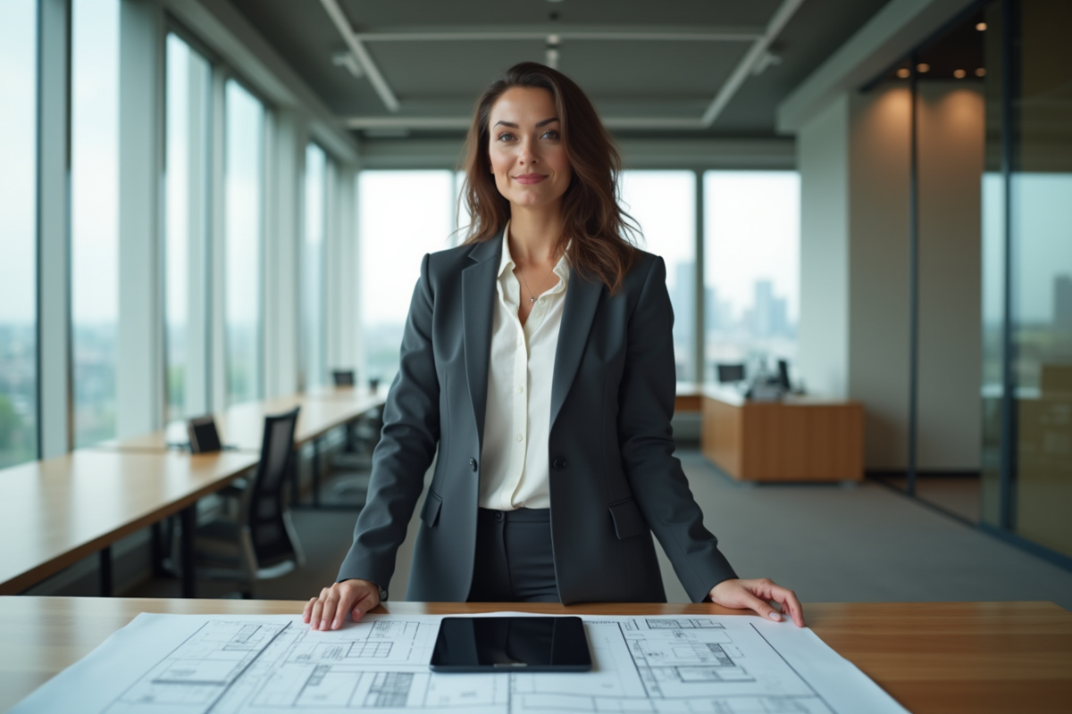 Femme confiante en bureau avec plans et tablette
