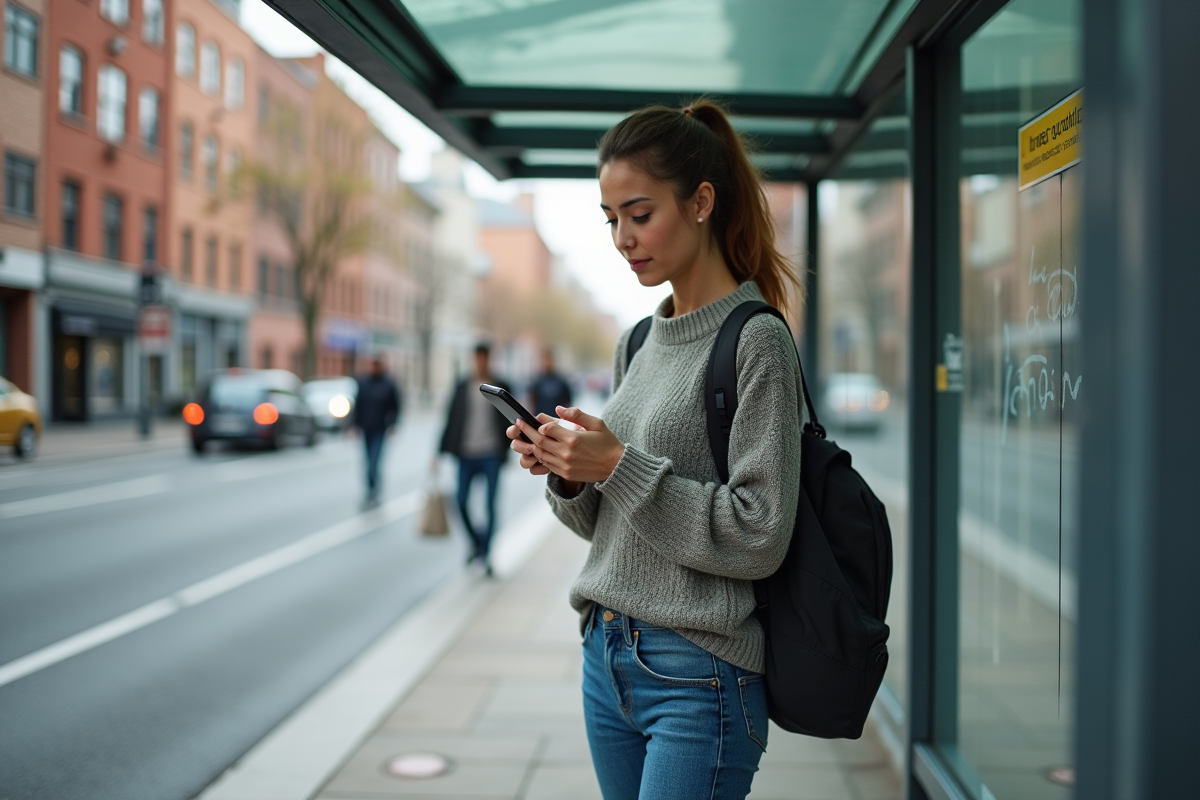 Jeune femme au arrêt de bus vérifiant son smartphone