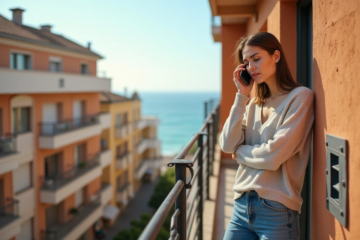 Jeune femme frustrée parlant au téléphone sur le balcon