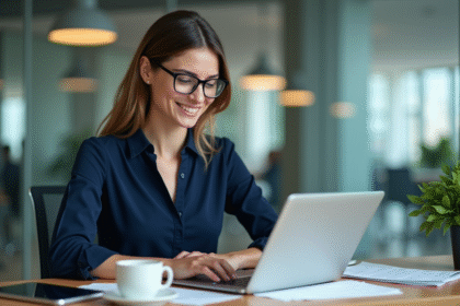 Jeune femme professionnelle au bureau avec ordinateur et documents