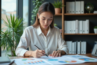Jeune femme en bureau organisant des graphiques colorés