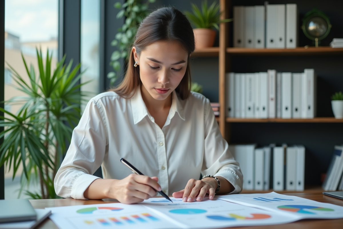 Jeune femme en bureau organisant des graphiques colorés