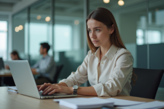 Femme au bureau d'entreprise en pleine concentration