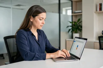 Femme professionnelle calculant le nombre de jours depuis une date sur un calendrier numérique en 2026