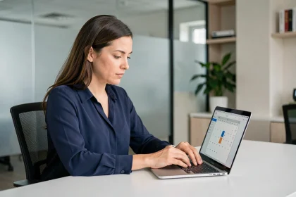 Femme professionnelle calculant le nombre de jours depuis une date sur un calendrier numérique en 2026