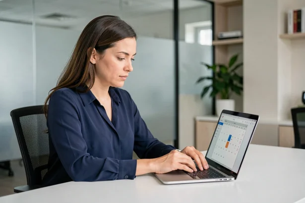Femme professionnelle calculant le nombre de jours depuis une date sur un calendrier numérique en 2026