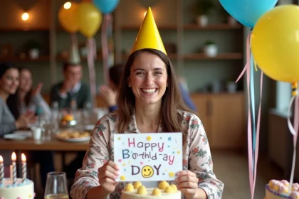 Femme souriante tenant une carte d'anniversaire avec des smileys rigolo entourée de ballons et confettis