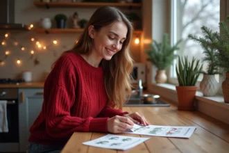 Jeune femme en cuisine prépare une carte de Noël
