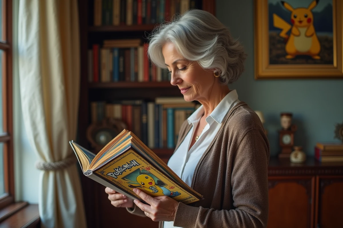 Femme examinant un classeur de cartes Pokémon dans un salon lumineux