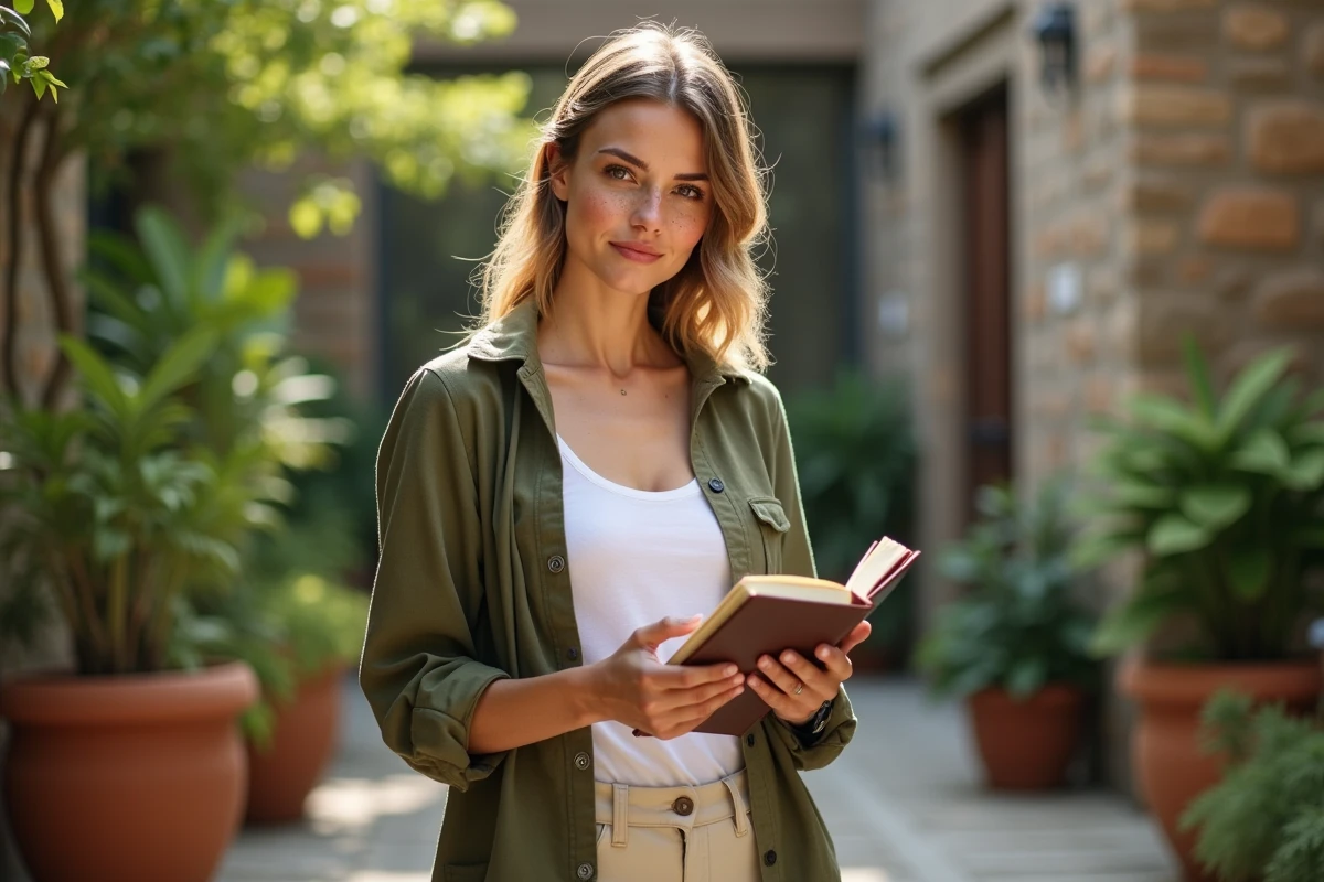 Femme réfléchie dans un jardin botanique tenant un journal intime, évoquant la compatibilité avec le signe Vierge