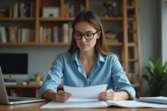 Femme concentrée en bureau moderne avec livres et notes