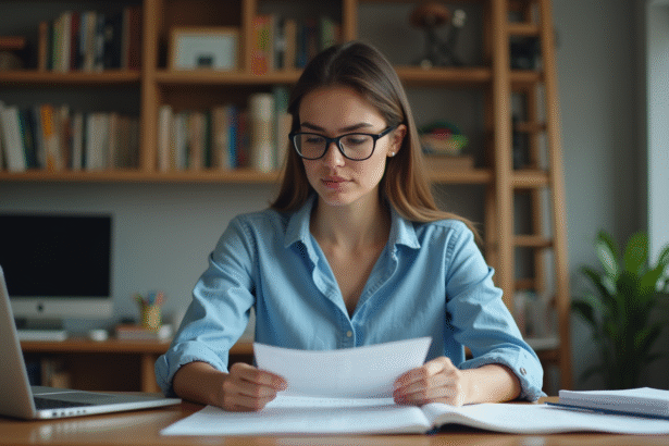 Femme concentrée en bureau moderne avec livres et notes