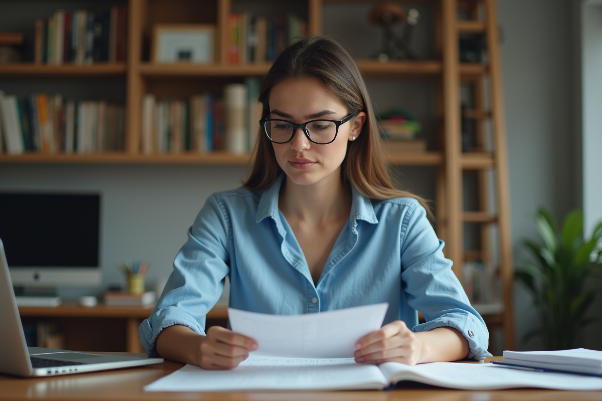 Femme concentrée en bureau moderne avec livres et notes