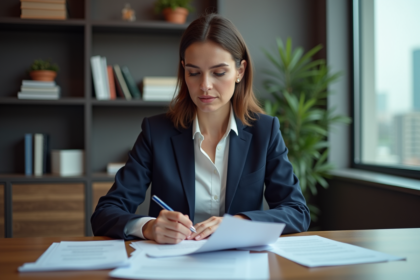 Femme d'affaires examinant des documents dans un bureau moderne