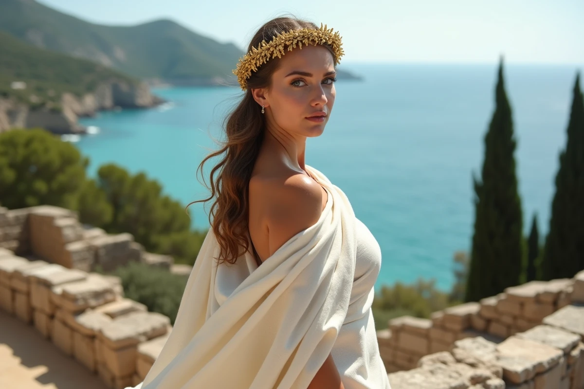Femme costumée en déesse grecque portant une couronne de laurier dorée sur des ruines antiques face à la mer Méditerranée