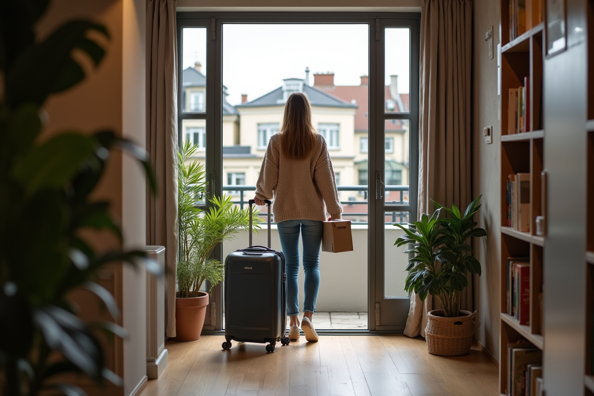 Jeune femme entrant dans un appartement urbain chaleureux