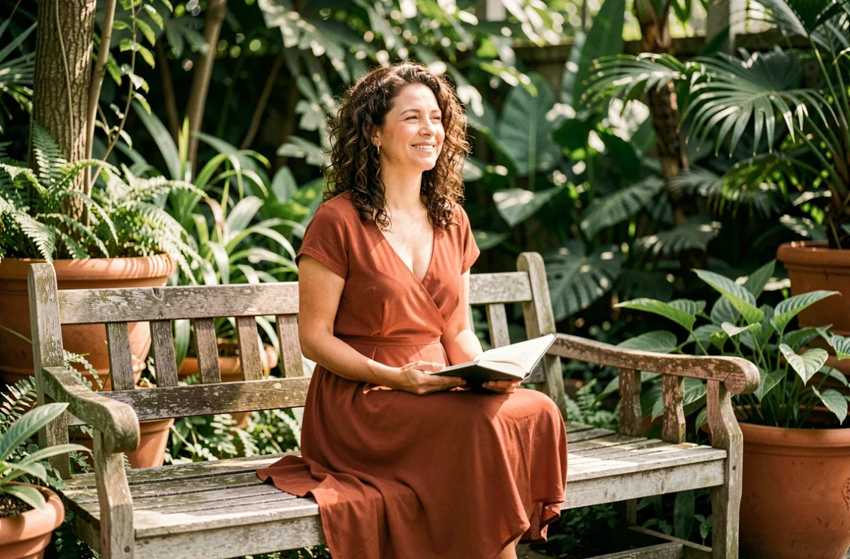 Femme épanouie lisant dans un jardin botanique verdoyant, illustrant la sagesse et la sérénité de la femme moderne