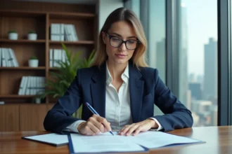 Femme professionnelle examinant des documents de prêt immobilier