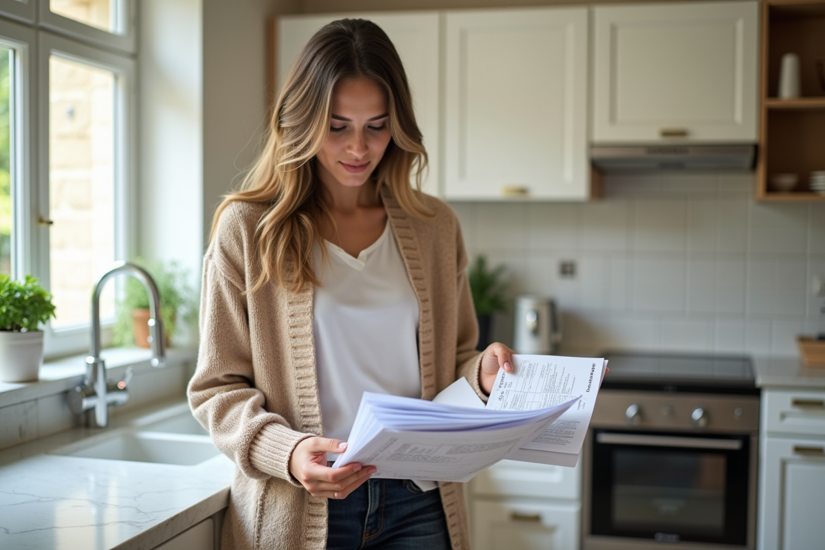 Jeune femme organisant ses documents fiscaux dans la cuisine