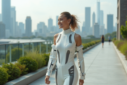 Jeune femme en vêtements futuristes sur un toit urbain