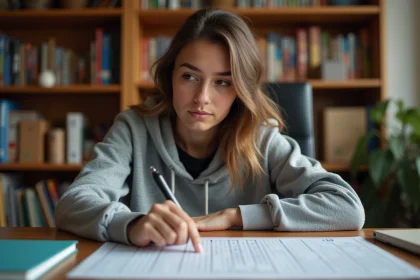 Jeune femme consultant un guide de solution pour un jeu d'évasion en ligne à son bureau à domicile