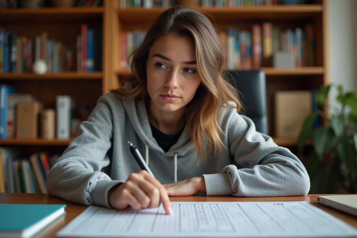 Jeune femme consultant un guide de solution pour un jeu d'évasion en ligne à son bureau à domicile