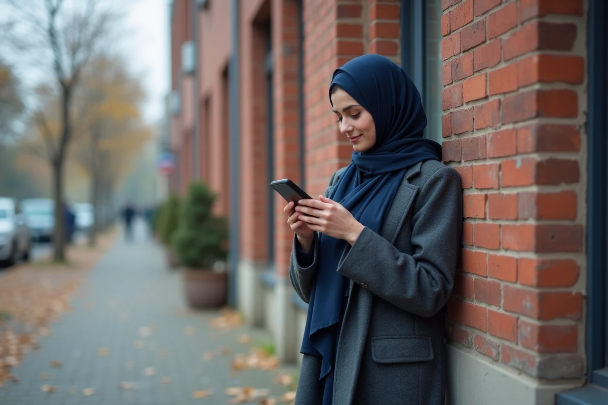 Femme portant le hijab consultant les horaires de prière sur son téléphone devant une bâtisse en briques rouges à Valenciennes