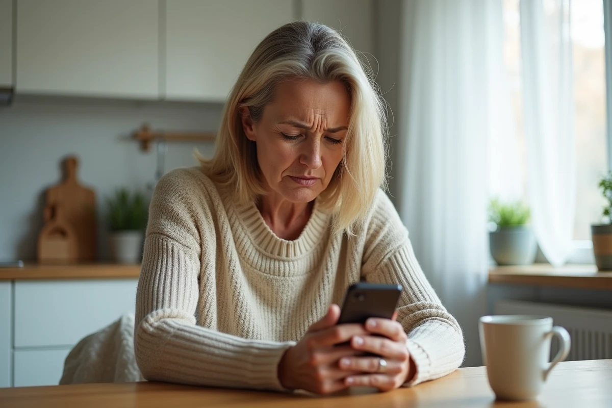 Femme inquiète regardant son téléphone après avoir reçu un appel suspect avec l'indicatif 49