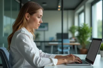 Femme d'âge moyen inscrivant en ligne sur un ordinateur