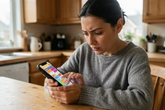 Femme concentrée jouant à 4 images 1 mot sur son smartphone posé sur une table en bois