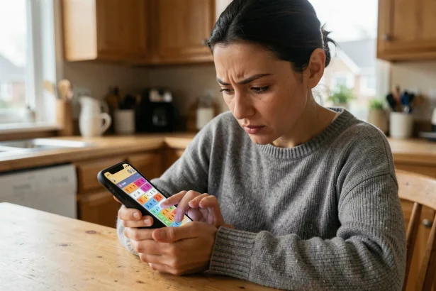 Femme concentrée jouant à 4 images 1 mot sur son smartphone posé sur une table en bois