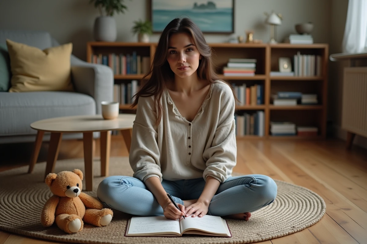 Femme écrivant dans un journal avec un ourson en peluche posé devant elle, symbolisant l'analyse des rêves et l'anxiété