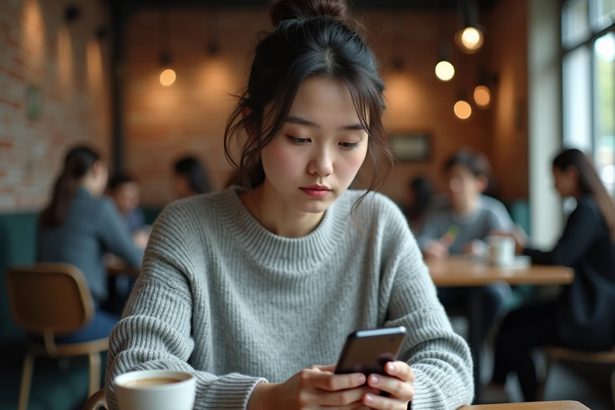 Femme lisant des scans de manga sur smartphone dans un café moderne, expression concentrée pour éviter les spoilers