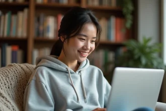 Jeune femme utilisant un ordinateur portable pour suivre ses scans manga préférés sur Crunchiscan