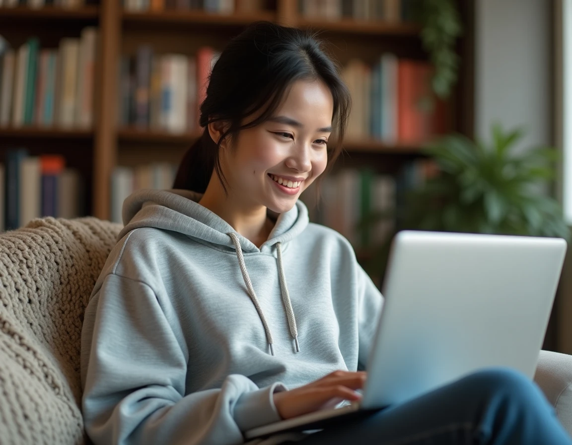 Jeune femme utilisant un ordinateur portable pour suivre ses scans manga préférés sur Crunchiscan