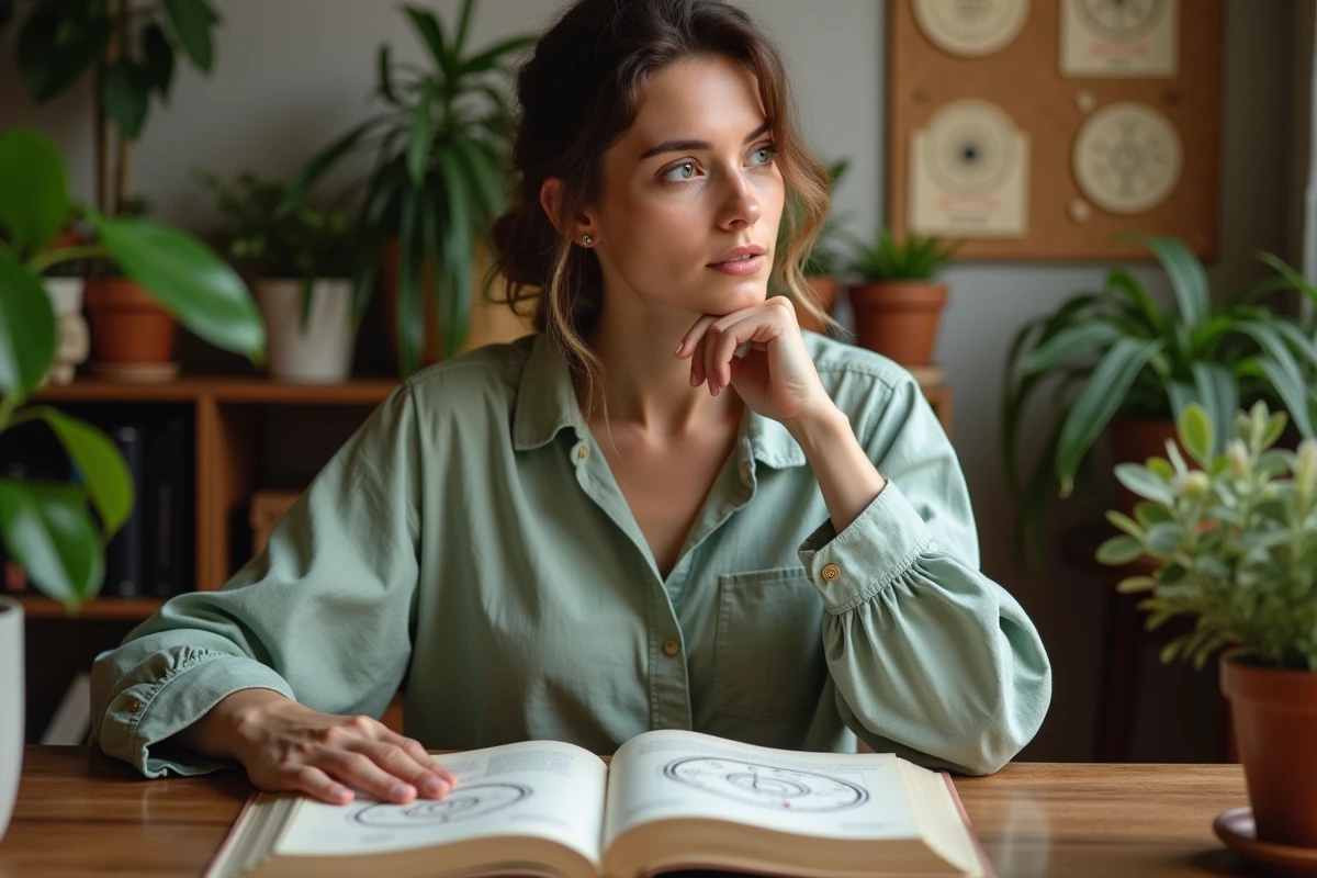 Femme consultant un livre d'astrologie avec une roue des signes du zodiaque, illustrant le thème du signe astrologique du 4 mars